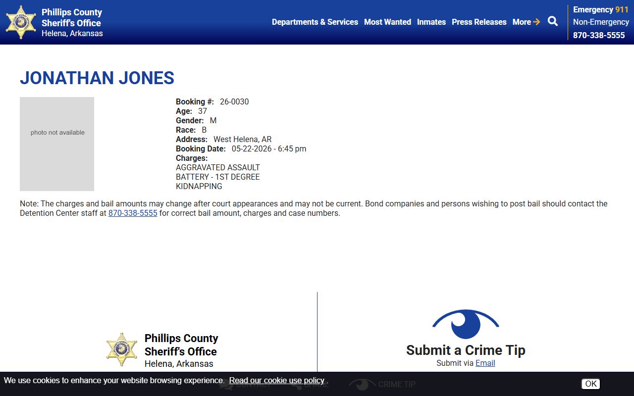 Phillips County inmate records sample roster profile with booking number and charges